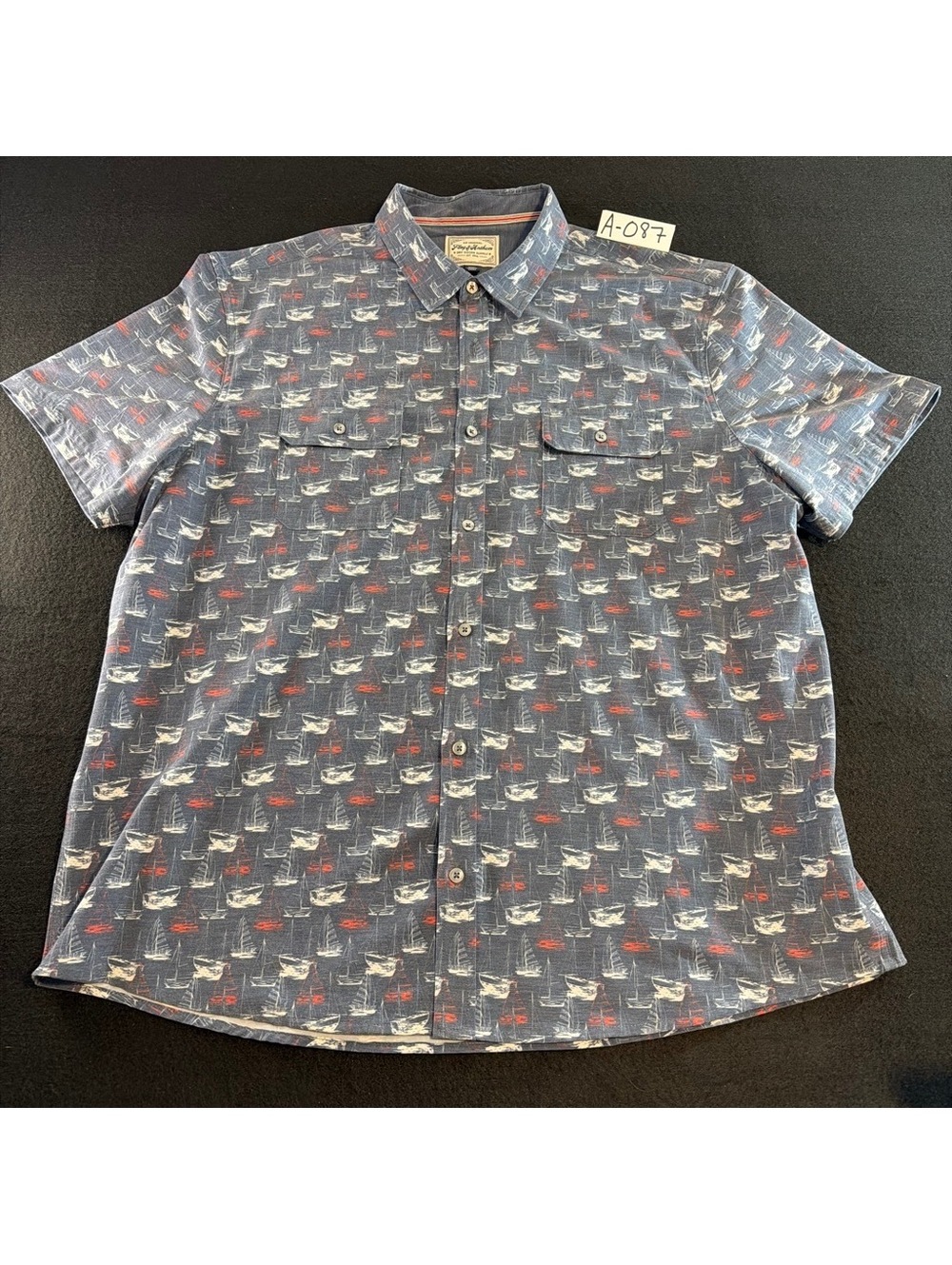 Flag & Anthem Sailboat Print Button Up Shirt Men’s XXL Blue Short Sleeve Stretch